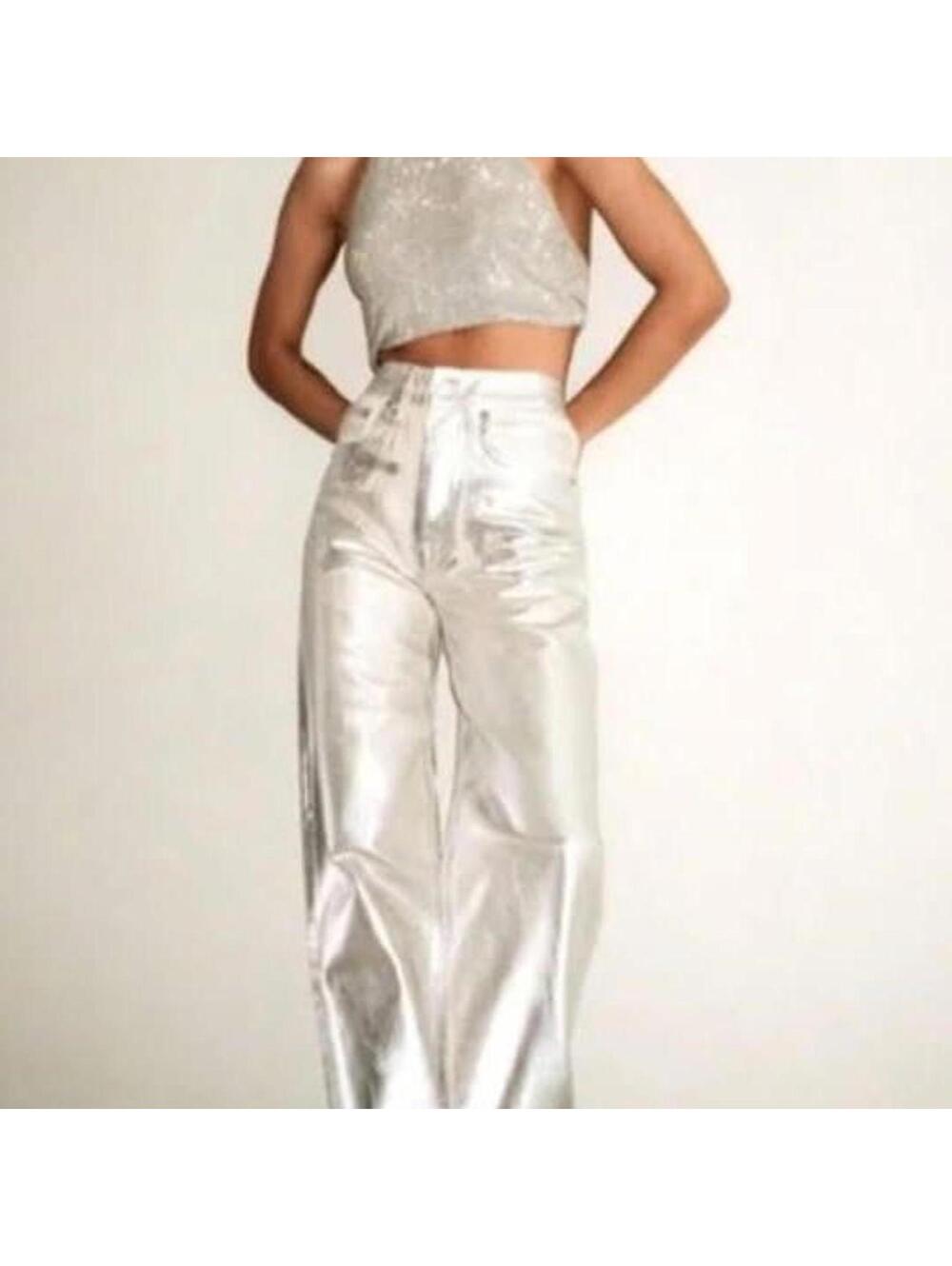 viral Zara The Boy Fit Mid-Rise Metallic Silver Jeans